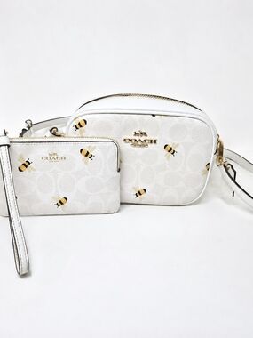 Coach White Bee Print Crossbody Camera Bag with Wristlet